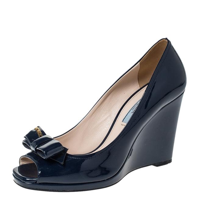 Prada Blue Patent Leather Wedge Bow Peep Toe 375 Pumps