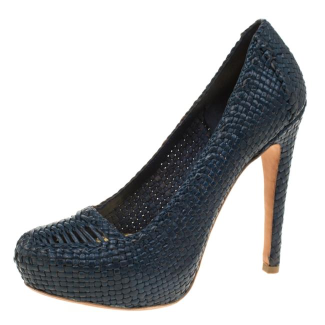 Prada Blue Woven Leather Madras Platform Pumps