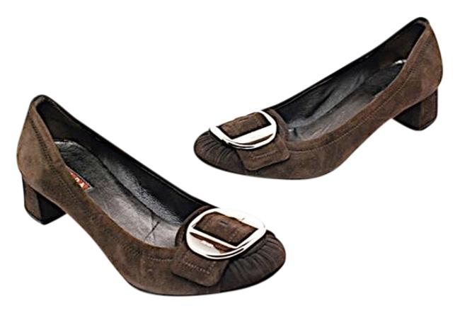 Prada Brown W Chocolate Suede Loafer WSilver Buckle Pumps