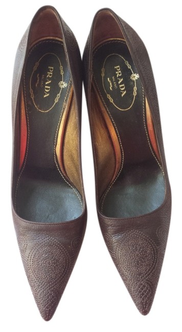 Prada Brown Embroidered Stiletto Pumps