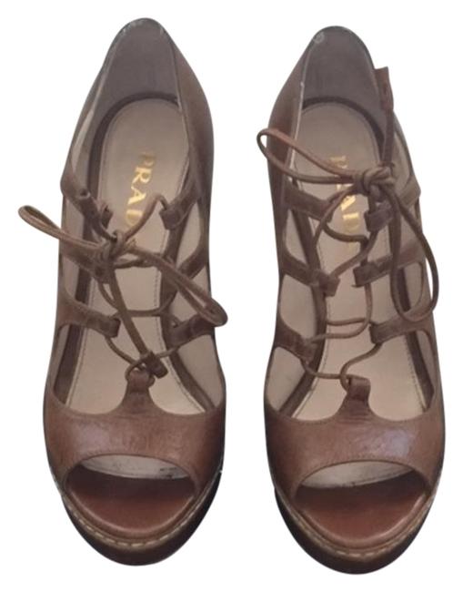 Prada Brown Lace Up Open Toe Pumps