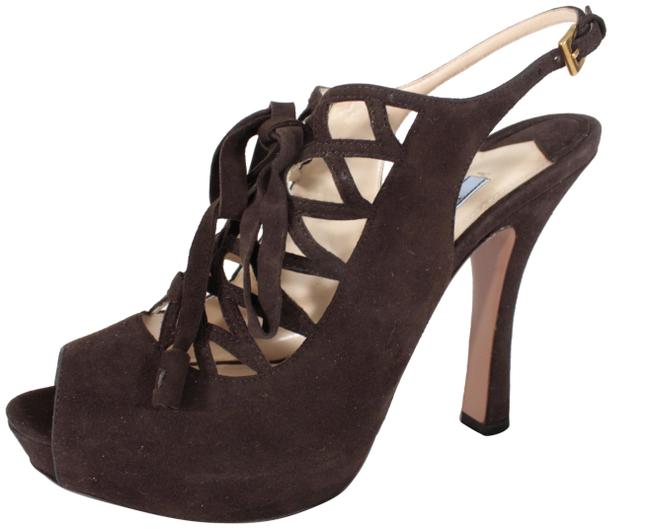 Prada Brown Lattice Peep Toe Slingback Heels Pumps