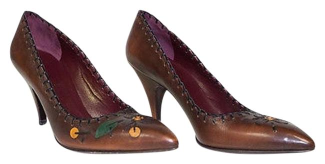 Prada Brown Leather Point Toe Top Stitch Printed Classic Pumps Heels 385