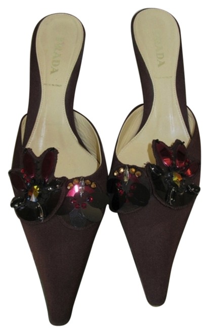 Prada Brown Satin Crystal Sequin Flowered MulesSlides