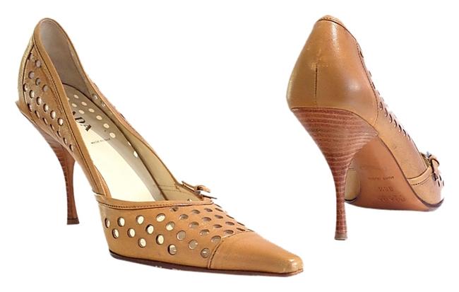 Prada Brown Sl Laser Cut Pointed Pumps