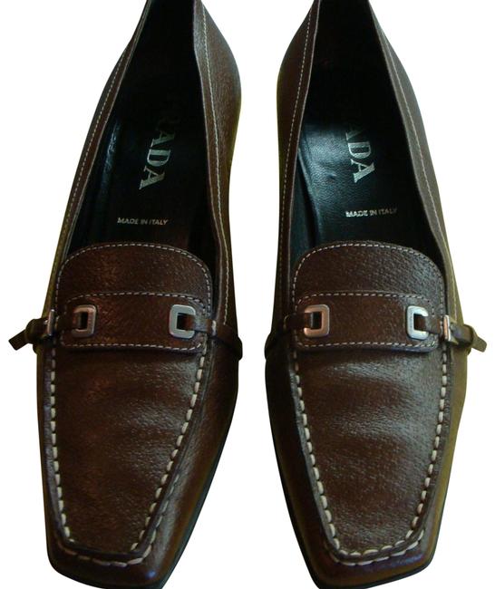 Prada Brown W Leather WLogo Silver Tone Hardware Pumps