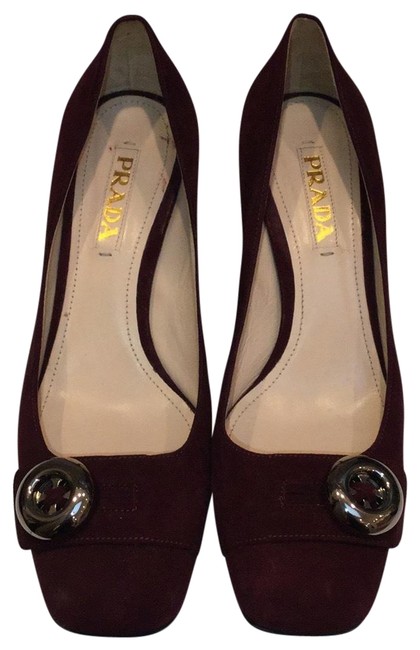 Prada Burgundy Suede Chunky Heels Pumps