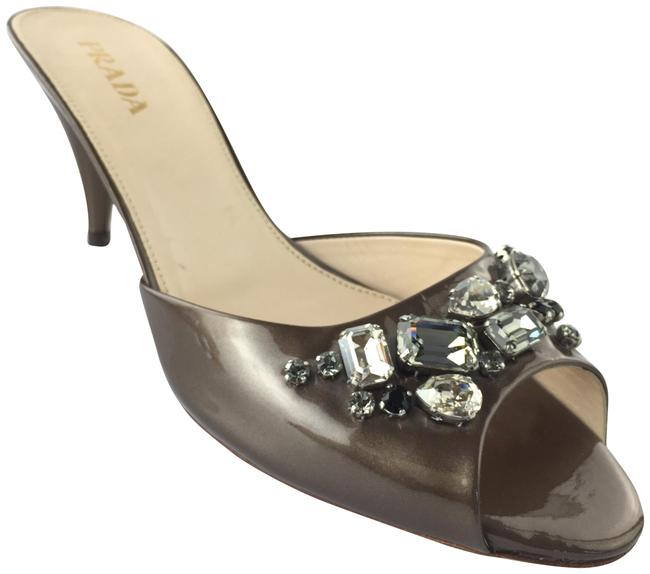 Prada Brown Jeweled Patent Leather MulesSlides