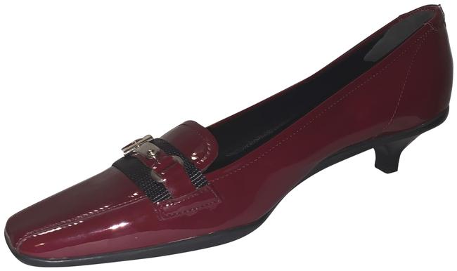 Prada Dark Red Patent Leather Kitten Heel Buckle Pumps