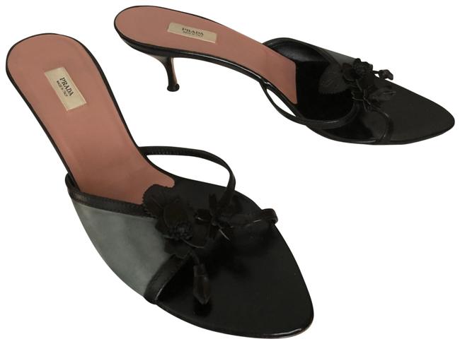 Prada BlackBlue Floral Leather Sandals Pumps