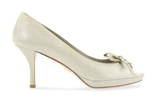Prada Gray Leather Bow Peep Toe Pumps