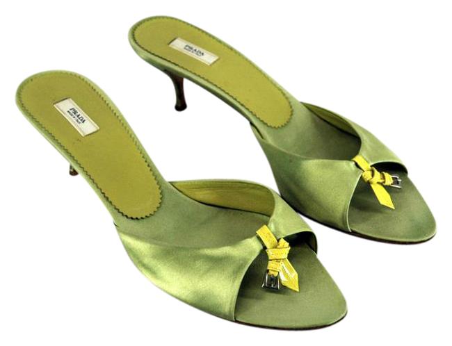Prada Green Satin Kitten Heel Peep MulesSlides