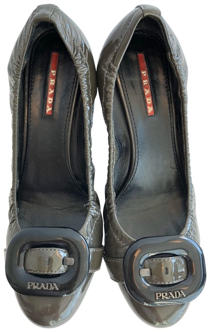 Prada Grey Buckle Block Patent Leather Heel Pumps