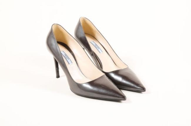 Prada Metallic Gunmetal Gray Patent Leather Pointed Toe Pumps
