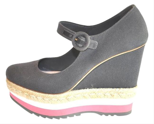 Prada Multi color Gray Canvas Platform Wedges Pumps