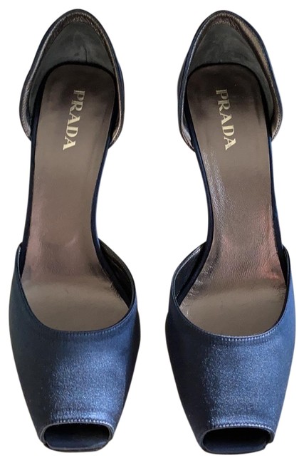 Prada Navy Blue Satin Open Toe Pumps