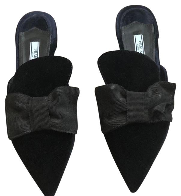 Prada Navy Blue Velvet Bow MulesSlides