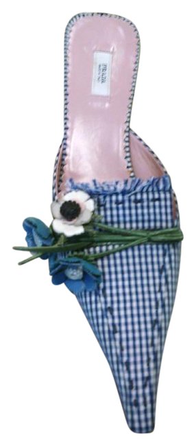 Prada Navy Plaid with Flowers MulesSlides Narrow