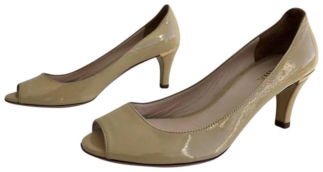 Prada Nude Patent Leather Peep Toe Pumps