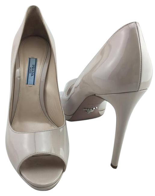 Prada Nude Peep Toe Platform Patent Leather Pumps