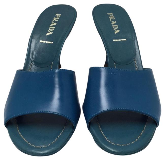 Prada Peacock Blue Leather Sandals MulesSlides