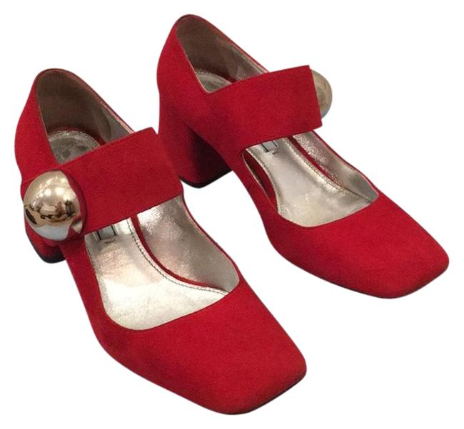 Prada Red and Silver Mary Jane Block Heel Pumps