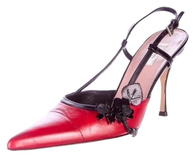 Prada Red Black Slingback Leather Flower Pointed Toe Pumps