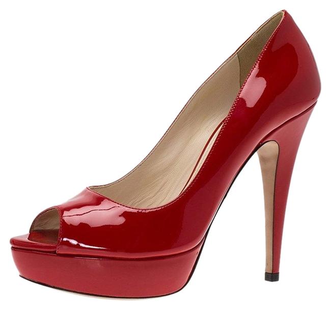 Prada Red Patent Peep Toe Platform 375 Pumps