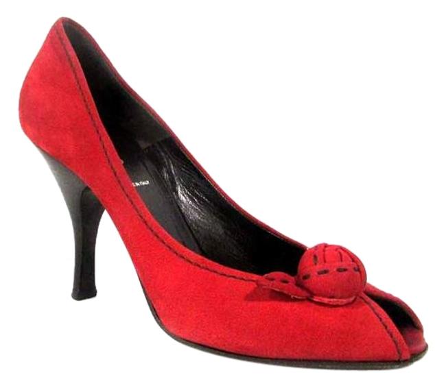 Prada Red Peep Toe Velvet Rose High Heels Pumps