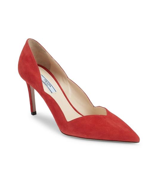 Prada Rosso Red Scallop Suede Pumps