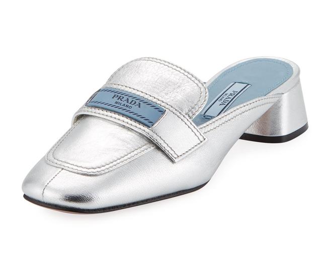 Prada Silver Metallic Leather 35mm Loafer MulesSlides