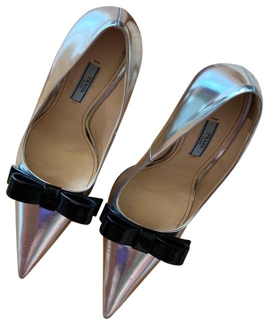 Prada Silver Metallic Bow Heels Pumps