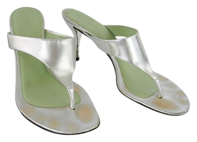 Prada Silver Metallic Leather 38 12 MulesSlides
