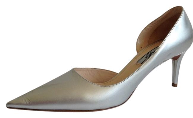 Prada Silver Patent Leather Dorsay Pumps