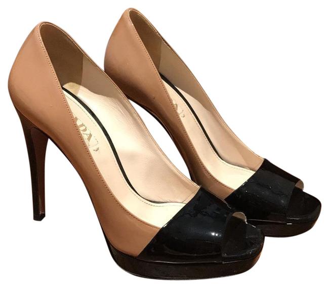 Prada Tan and Black Two Tone Open Toe Heels Pumps