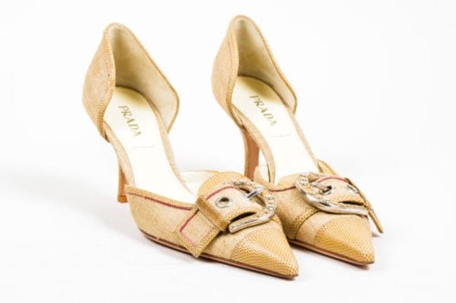 Prada Tan Canvas Lizard Leather Pointed Toe Buckle Dorsay Pumps