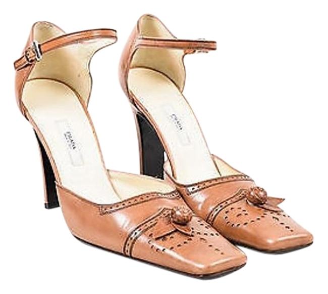 Prada Tan Leather Perforated Rosette Square Toe
