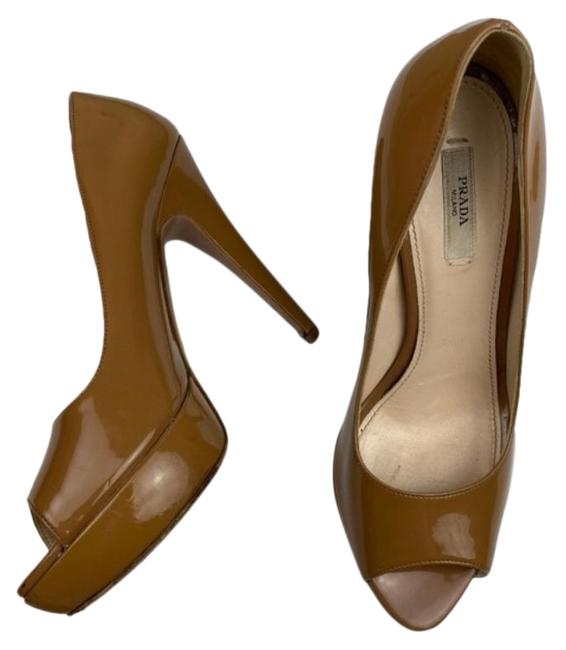 Prada Tan Patent Peep Toe Pumps