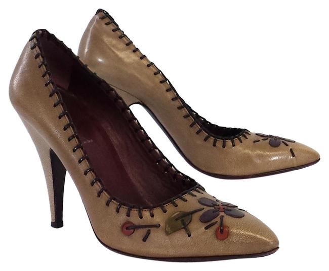 Prada Taupe Leather Embellished Pointed Pumps