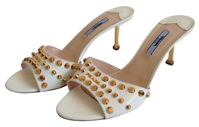 Prada White Gold Studded Leather Saffiano MulesSlides