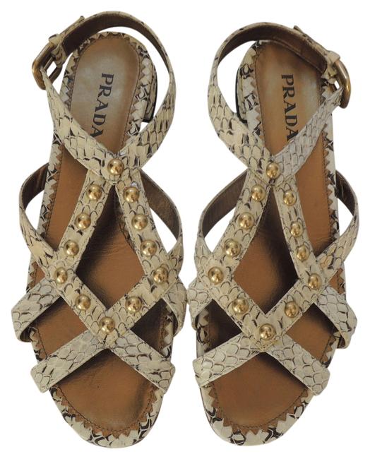 Prada Beige Python Snakeskin Studded Flat Sandals