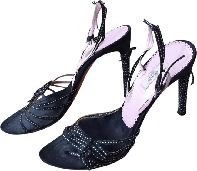 Prada Black and White Strappy Grosgrain Buckle Sandals