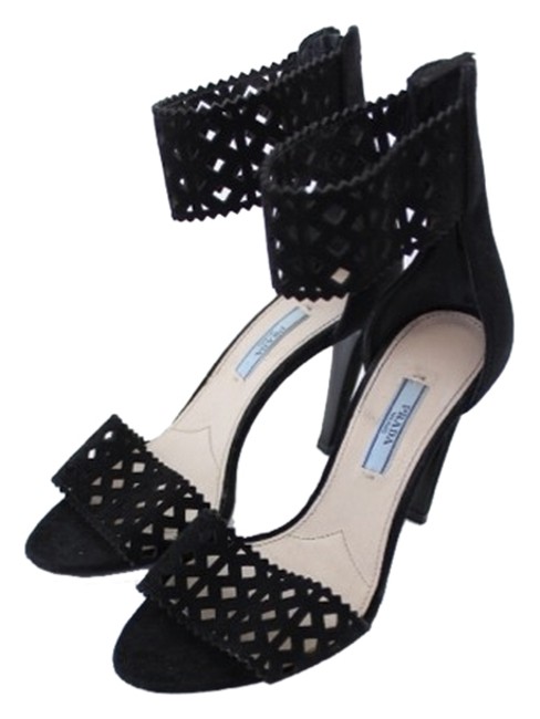 Prada Black Ankle Strap Suede Lattice Sandals
