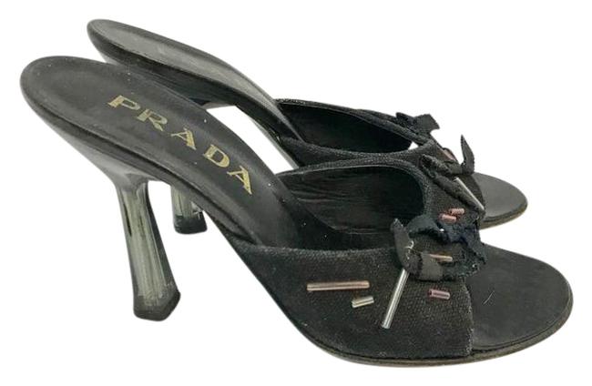 Prada Black Appliqued Woven Lucite Heels 365 Sandals