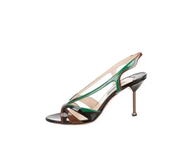 Prada Black Brown Green Patent Leather Flame Sandals