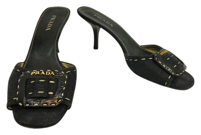 Prada Black Buckle Accent Woven 39 Sandals