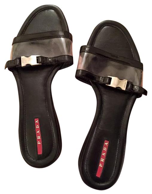 Prada Black Buckle LeatherPvc Slide Sandals