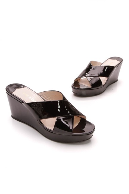 Prada Black Crisscross Wedge Sandals