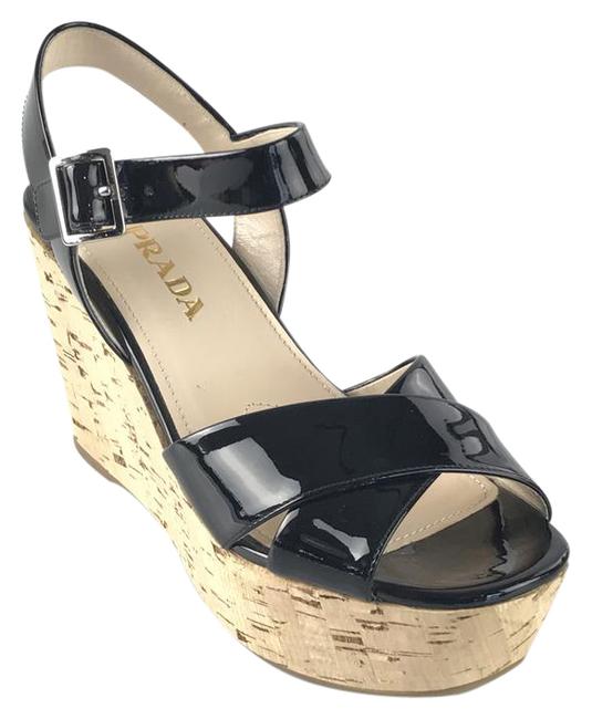 Prada Black Donna Cork Sling Wedge Sandals