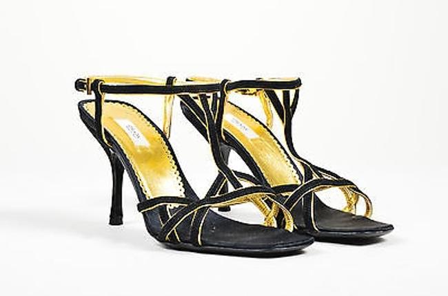 Prada Black Gold tone Metallic Suede Leather Strappy Cut Out Sandals 355